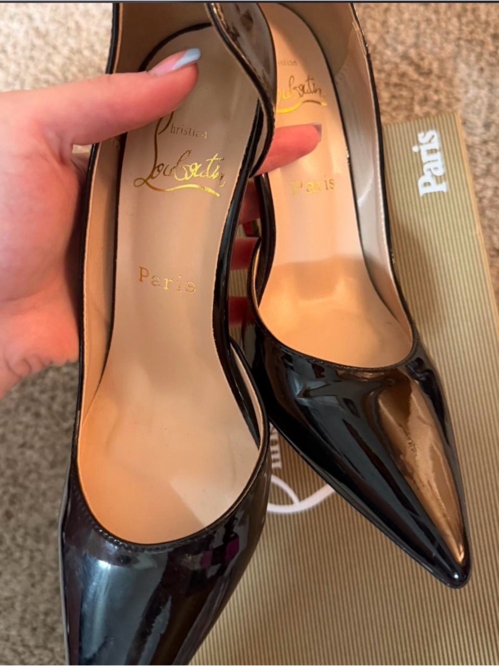 Christian Louboutin Black Patent Pointed-Toe Pumps with Signature Gold Logo